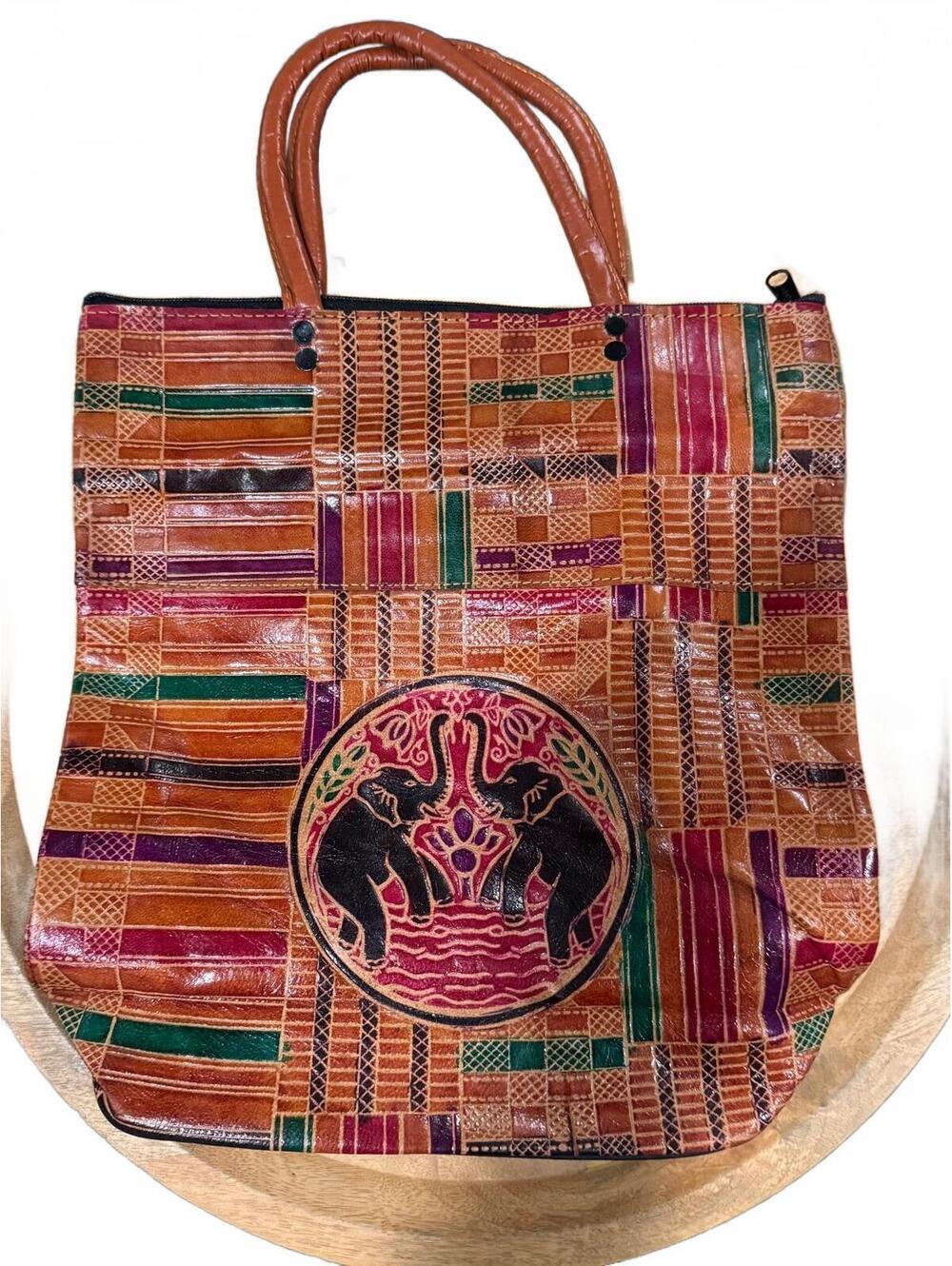 Women's Vintage Faux Leather African Themed Elephant Handbag Purse